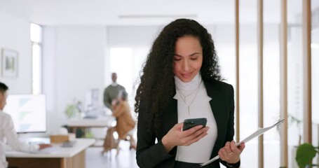 Aufkleber - Phone, business and woman in office walking, typing email or internet browsing. Technology, cellphone and female employee with documents and mobile smartphone for social media, networking or texting.