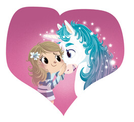 Wall Mural - Illustration of little girl with unicorn in a heart