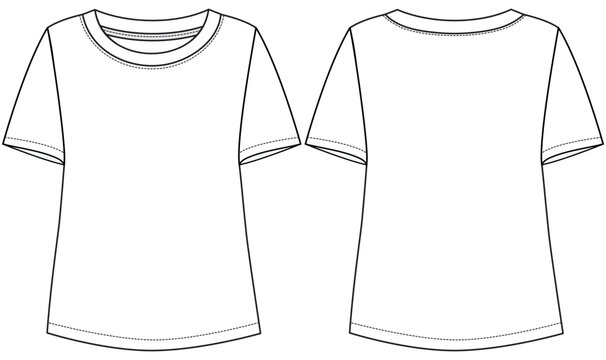 womens short sleeve boxy t shirt flat sketch vector illustration technical cad drawing template