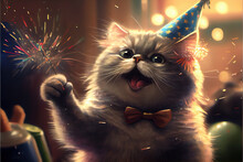 Funny Smiling Cat Celebrating At Festival Event, Party Time
