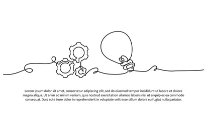 Continuous line design of gears and lights. Creative industry and development concept design. Decorative elements drawn on a white background.