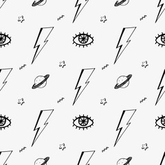 Retro pattern with doodle hand drawn eyes david bowie lightning bolts, 90s vibe 