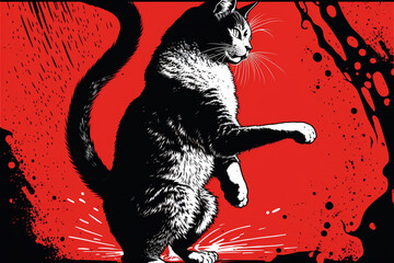 design features a stylized black and white illustration of a cat in a playful pose, set against a bright red background.