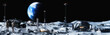 Moon outpost colony, lunar surface panorama, astronauts, rover, living modules, Earth. Lunar base camp 3D. NASA Artemis program, space exploration mission, terraforming, colonization, autonomous life