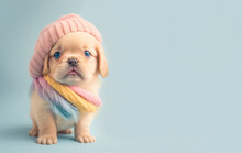 A Cute, Little, Baby Puppy In Warm Winter Clothes, Symbol Of Love. Pastel, Dog, Animal Concept. Valentine's Day, Love, Cute Fairy Tale Creature. Illustration. Generative AI.