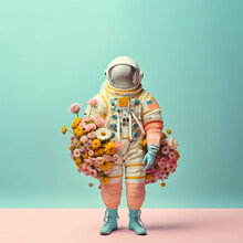 Futuristic Love Alien Warrior Astronaut Robot In Cyber Suit, Helmet Made Of Fresh Spring Flowers And Hearts Balloon, Mask Portrait. Valentine's Day From Space. A Fictional 3d Character, Generative AI.