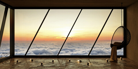 Wall Mural - View through panoramic window sunset and clouds