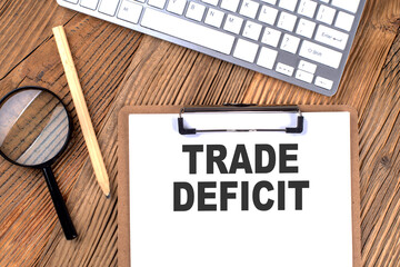 Poster - TRADE DEFICIT text on paper clipboard with magnifier and keyboard on wooden background