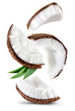 Fototapeta  - Coconut isolated. Coconut slice and piece with leaves on white background. Broken white coco flying. Composition. Full depth of field.