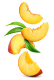 Fototapeta  - Peach isolated. Peach slices flying on white background. Falling peach pieces with leaf. Full depth of field.