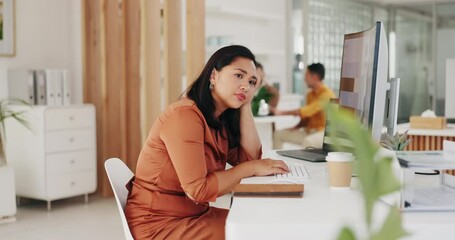 Poster - Stress, burnout and thinking with a business woman at work on a desktop computer in her office. Compliance, depression and mental health with a female employee working on a project deadline