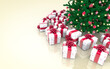 Gift boxes and decorated Christmas tree with sparkling light garland, balls and stars