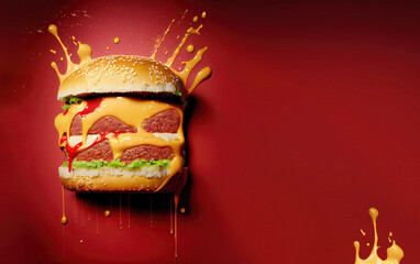 Wall Mural - classic cheeseburger splashed on a wall or a board with dripping ketchup and mayonnaise sauce dripping with copyspace
