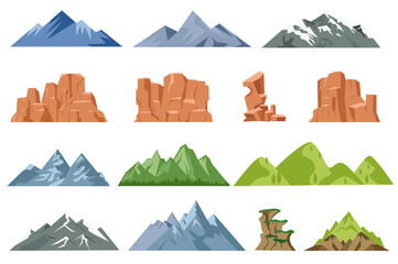 Poster - Mountains isolated graphic elements set in flat design. Bundle of different mountain peaks and rocks with ice or green plants. Rocky landscape symbols for camping and hiking. Illustration.