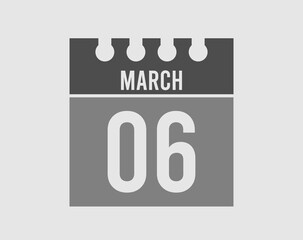 6 day March calendar icon. Gray calendar page vector for March on light isolated background