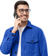 © Damir Khabirov - Portrait of handsome young man in blue shirt and glasses, answering phone call, looking aside with smile
