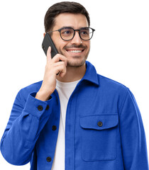 Wall Mural - Portrait of handsome young man in blue shirt and glasses, answering phone call, looking aside with smile