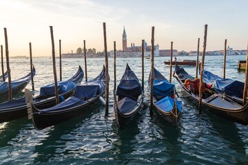  San Giorgio Maggiore church from Piazza San Marco, gondola, Venice, Italy, dawn
