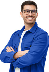Wall Mural - Confident young man in casual blue shirt looking away, standing with crossed arms