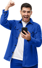 Happy excited sucessful modern man holding phone and raising arm up to celebrate achievement