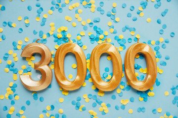 3000 three thousand followers card. Template for social networks, blogs.on yellow and blue confetti Festive Background media celebration banner. 3k online community fans. 3 three thousand subscriber