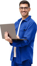 Young Man Standing Holding Laptop And Looking At Camera With Happy Smile