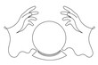 Hands hold divination crystal ball one line art, hand drawn magiv fortune telling continuous contour. Occult concept.Minimalistic art drawing. Editable stroke. Isolated. Vector illustration
