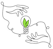 Hands Holds Slight Bulb With Leafs,one Line Art,hand Drawn Continuous Contour.Green Energy Idea Concept.Sign Of Environmental Friendliness.Decoration For Banners, Posters.Editable Stroke.Isolated