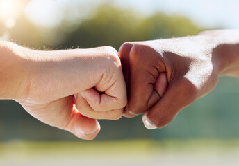 Canvas Print - Hands, fist bump or sports people in success, support or collaboration for fitness or exercise training. Zoom, black woman motivation or friends in winner teamwork, community trust or workout goals