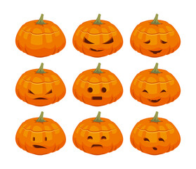 Wall Mural - Pumpkin with different expressions vector illustrations set. Cartoon drawings of comic orange vegetable with funny faces isolated on white background. Halloween, decoration, emotions concept