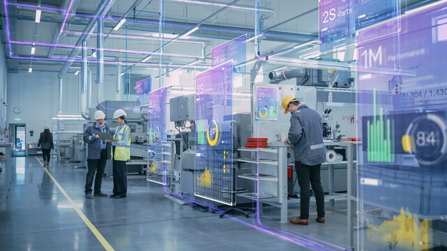 Fototapete - Factory Digitalization: Two Industrial Engineers Use Tablet Computer, Big Data Statistics Visualization, Optimization of High-Tech Electronics Facility. Industry 4.0 Machinery Manufacturing Products