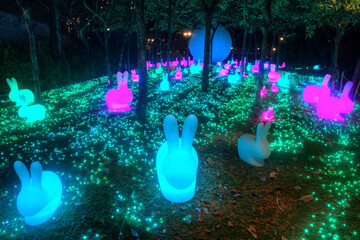 Bunny rabbit lanterns at night.