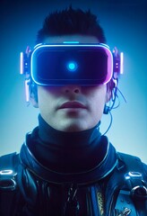 Wall Mural - Portrait of a man wearing a cyberpunk headset, neon virtual glasses, and cyberpunk gear. A high-tech futuristic man from the future. The concept of virtual reality and cyberpunk. 3D rendering.