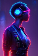 Wall Mural - a fictional portrait of a sci-fi cyberpunk girl against a backdrop of neon lights. high-tech futuris