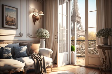 Light classic interior of an apartment in France with a large window and a view of the Eiffel Tower. AI