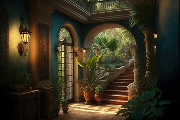 Wall Mural - Beautiful traditional mexican interior of living room and patio, bright colors of walls, cathus, tropical leaves, lanterns, majestic arches and stairs, Mexico. AI