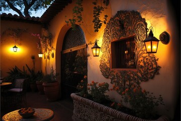 Wall Mural - Beautiful traditional mexican interior of living room and patio, bright colors of walls, cathus, tropical leaves, lanterns, majestic arches and stairs, Mexico. AI