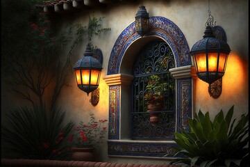 Wall Mural - Beautiful traditional mexican interior of living room and patio, bright colors of walls, cathus, tropical leaves, lanterns, majestic arches and stairs, Mexico. AI