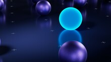 Neon Blue Sphere On Metal Floor. 3d Render Background For Business Design
