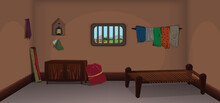 Village Room Inside Cartoon Background Vector, Poor Room Interior Illustration.