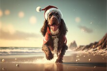 Santa Claus Dog On The Beach Cocker Spaniel Illustration Generative Ai