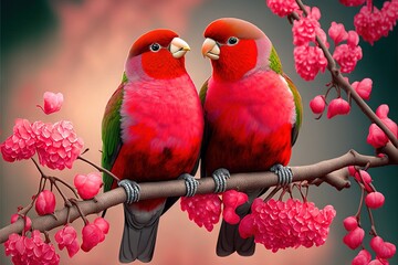 Sticker -  two birds sitting on a branch with pink flowers and leaves in the background. Generative AI