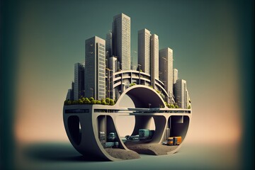  a futuristic city with a bus and cars in it's center of a circle shaped structure with a green roof. Generative AI