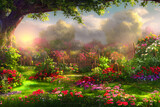 Fototapeta Kwiaty - Spring landscape cartoon background image made with AI technology