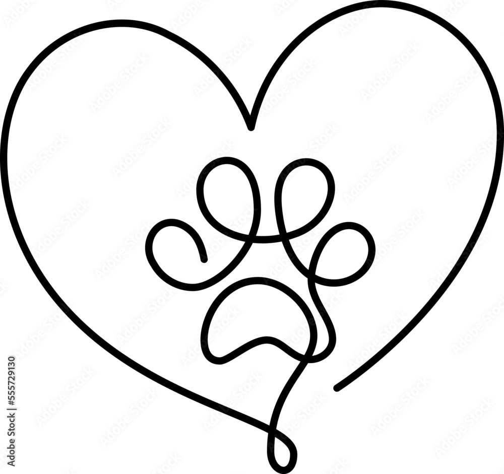Dog or cat paw footprint and heart in continuous one line drawing logo ...
