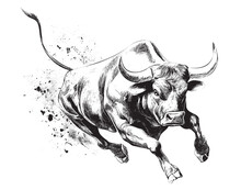 Angry Bull Running In Fire Hand Drawn Sketch Vector Illustration.
