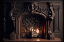  A Fireplace With A Fire In It And A Wooden Mantle With Carvings On It And A Lit Candle In The Middle.