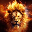  a lion with a tie on its neck in front of a fire background with flames and smoke coming out of its mouth. Generative AI