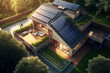 a view from above of a home with solar photovoltaic panels on the roof providing clean power. Intelligent house design. Generative AI