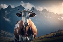  A Cow With Horns Standing In A Field With Mountains In The Background And Clouds In The Sky Above It.